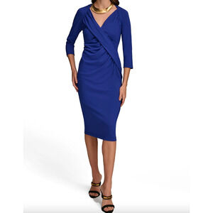 Donna Karan Ruched Draped Knee Length Sheath Dress Cobalt Blue Classic US 2 NWT